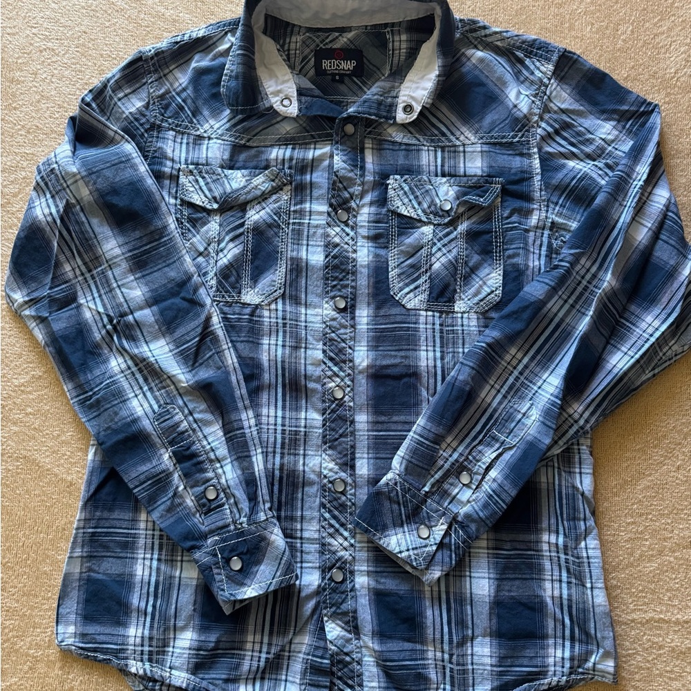 Red Snap Men's Casual Navy Plaid Button-Down Shirt